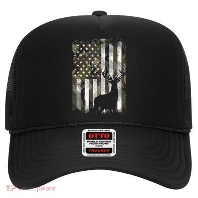 Patriotic Camo American Flag Deer Hunter Hunting Gift High Crown Mesh Back Trucker Hat