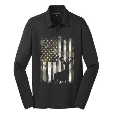 Patriotic Camo American Flag Deer Hunter Hunting Gift Silk Touch Performance Long Sleeve Polo