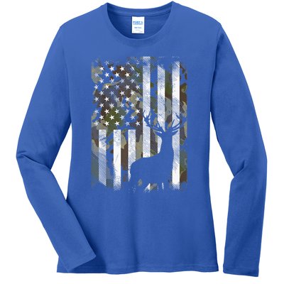 Patriotic Camo American Flag Deer Hunter Hunting Gift Ladies Long Sleeve Shirt