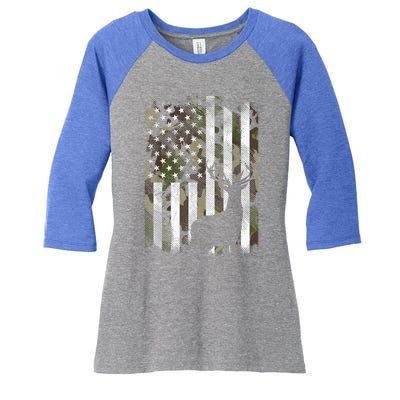 Patriotic Camo American Flag Deer Hunter Hunting Gift Women's Tri-Blend 3/4-Sleeve Raglan Shirt