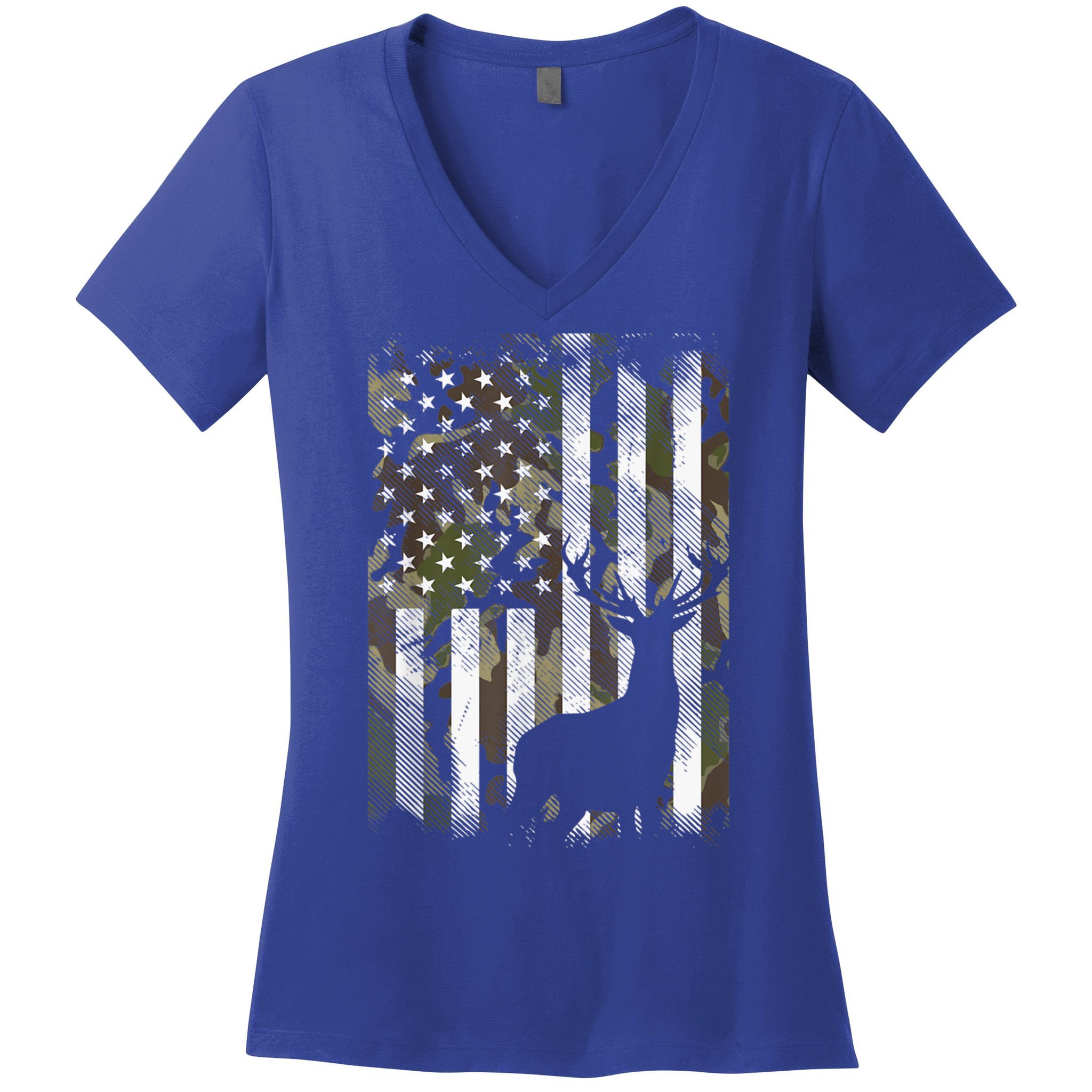 Patriotic Camo American Flag Deer Hunter Hunting Gift Women's V-Neck T-Shirt