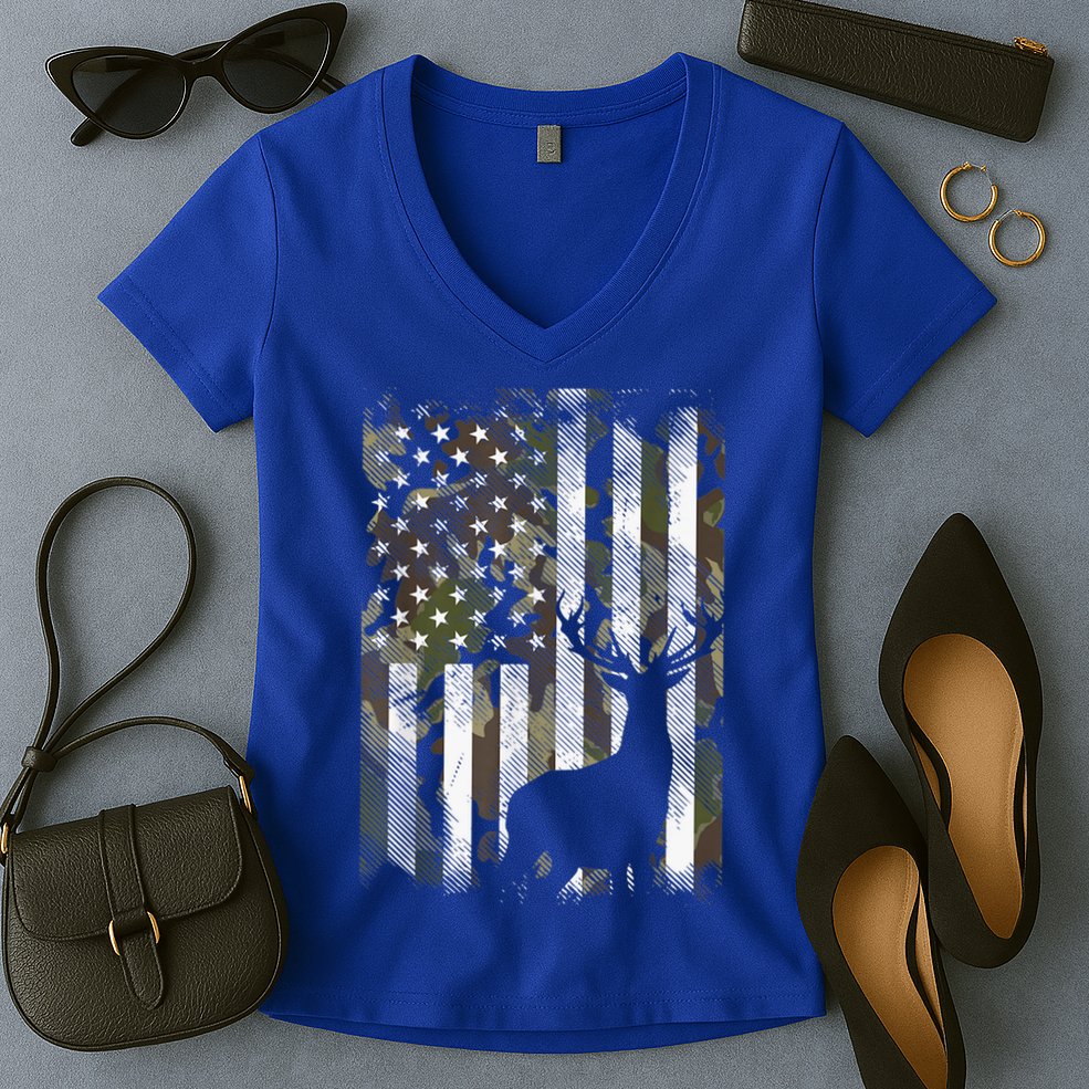 Patriotic Camo American Flag Deer Hunter Hunting Gift Women's V-Neck T-Shirt