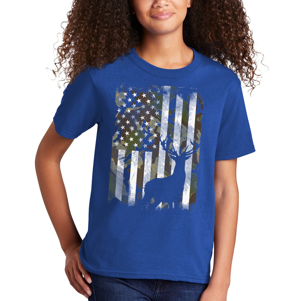 Patriotic Camo American Flag Deer Hunter Hunting Gift Kids T-Shirt