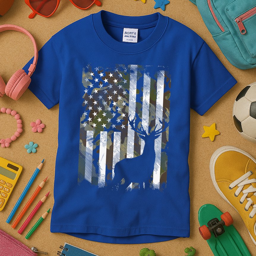 Patriotic Camo American Flag Deer Hunter Hunting Gift Kids T-Shirt