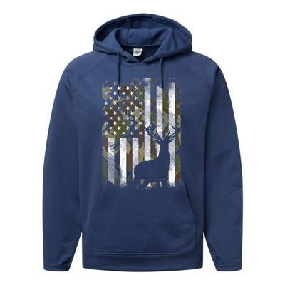 Patriotic Camo American Flag Deer Hunter Hunting Gift Performance Fleece Hoodie