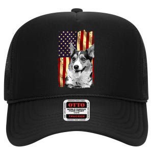 Patriotic Corgi American Flag July 4th Dog Lover High Crown Mesh Back Trucker Hat