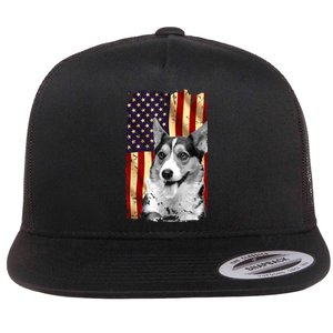 Patriotic Corgi American Flag July 4th Dog Lover Flat Bill Trucker Hat