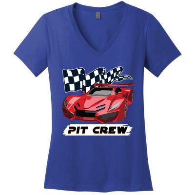 Pit Crew Auto Mechanics Checkered Flags Flaming Racing Car Gift Women's V-Neck T-Shirt