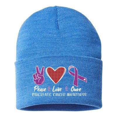 Pancreatic Cancer Awareness Peace Love Cure Ribbon Gift Sustainable Knit Beanie