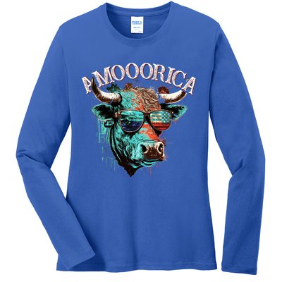 Patriotic Cow American Flag Bull 4th Of July Dairy Farmer Funny Gift Ladies Long Sleeve Shirt