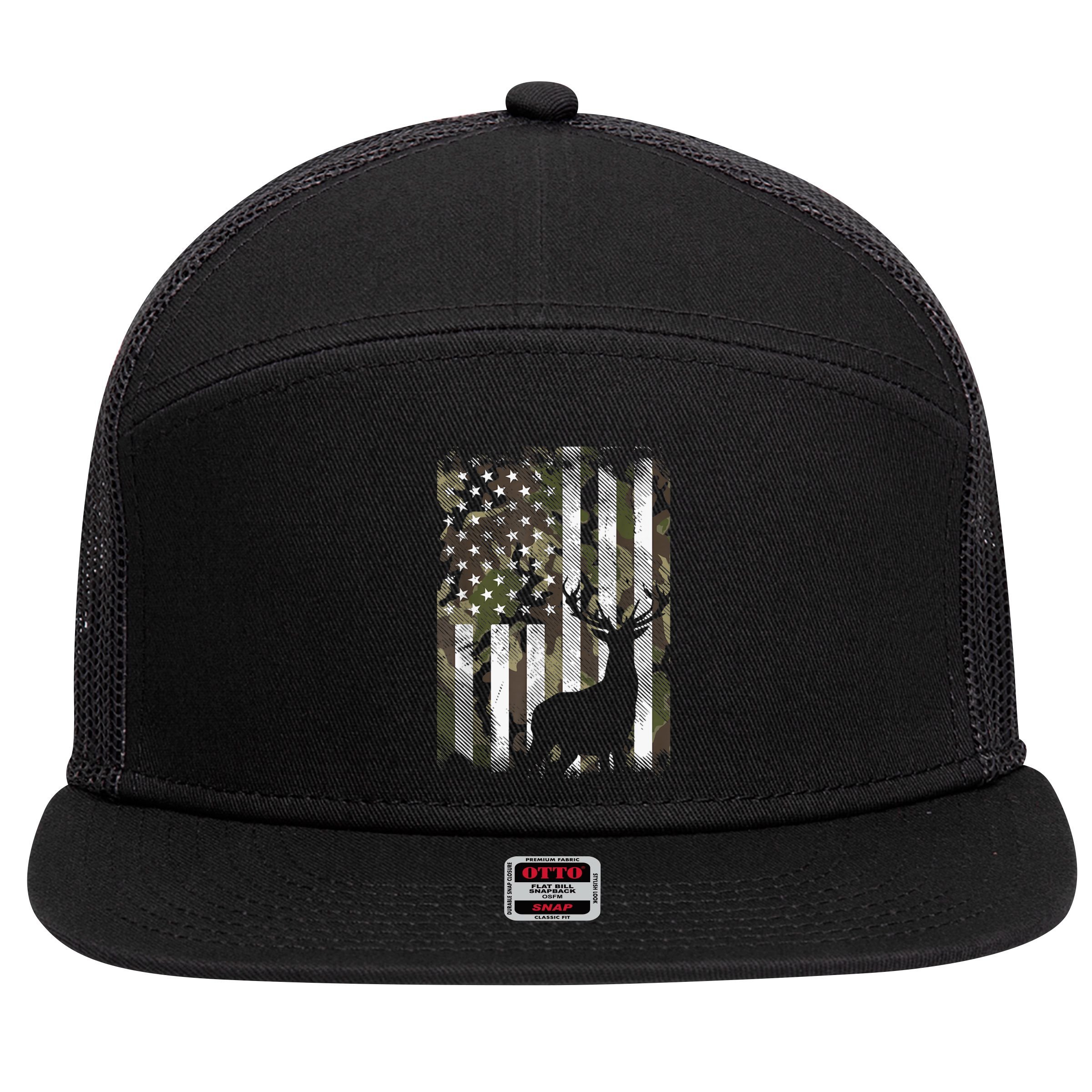 Patriotic Camo American Flag Deer Hunter Hunting Cute Gift 7 Panel Mesh Trucker Snapback Hat