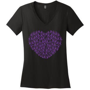 Pancreatic Cancer Awareness Purple Ribbon Heart Gift Support Women's V-Neck T-Shirt