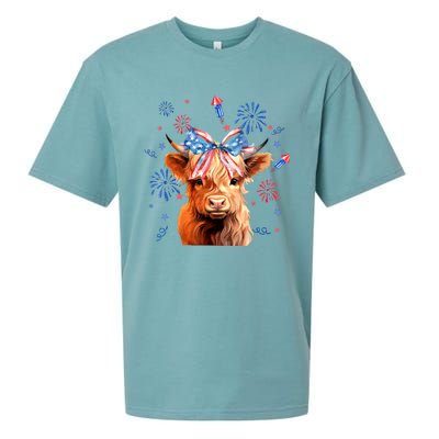 Patriotic Cute Animal Highland Cow 4th Of July America Flag Patriotic Cow Gift Sueded Cloud Jersey T-Shirt