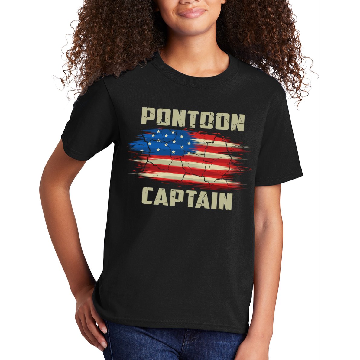 Pontoon Captain American Flag Pontooning Pontoon Boating Kids T-Shirt