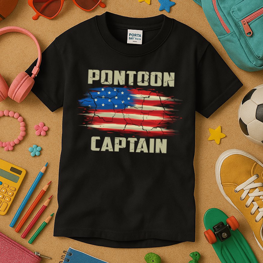 Pontoon Captain American Flag Pontooning Pontoon Boating Kids T-Shirt