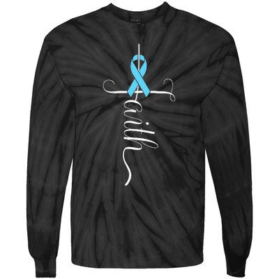 Prostate Cancer Awareness Light Blue Ribbon Faith Survivor Tie-Dye Long Sleeve Shirt