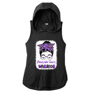 Pancreatic Cancer Awareness Purple Ribbon Messy Bun Leopard Ladies PosiCharge Tri-Blend Wicking Draft Hoodie Tank