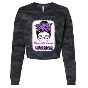 Pancreatic Cancer Awareness Purple Ribbon Messy Bun Leopard Cropped Pullover Crew