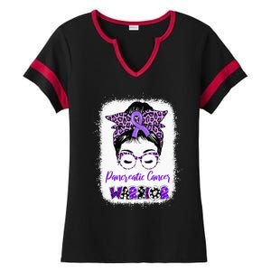 Pancreatic Cancer Awareness Purple Ribbon Messy Bun Leopard Ladies Halftime Notch Neck Tee