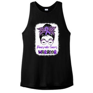 Pancreatic Cancer Awareness Purple Ribbon Messy Bun Leopard Ladies PosiCharge Tri-Blend Wicking Tank