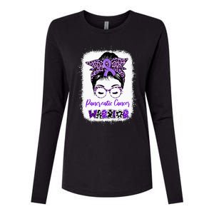 Pancreatic Cancer Awareness Purple Ribbon Messy Bun Leopard Womens Cotton Relaxed Long Sleeve T-Shirt