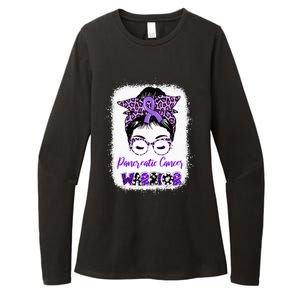 Pancreatic Cancer Awareness Purple Ribbon Messy Bun Leopard Womens CVC Long Sleeve Shirt