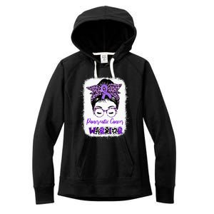 Pancreatic Cancer Awareness Purple Ribbon Messy Bun Leopard Women's Fleece Hoodie