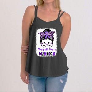 Pancreatic Cancer Awareness Purple Ribbon Messy Bun Leopard Women's Strappy Tank