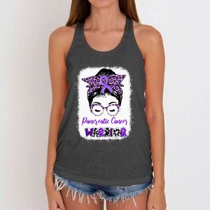 Pancreatic Cancer Awareness Purple Ribbon Messy Bun Leopard Women's Knotted Racerback Tank