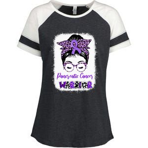 Pancreatic Cancer Awareness Purple Ribbon Messy Bun Leopard Enza Ladies Jersey Colorblock Tee