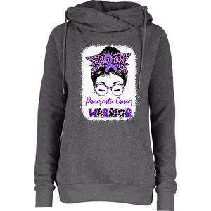 Pancreatic Cancer Awareness Purple Ribbon Messy Bun Leopard Womens Funnel Neck Pullover Hood