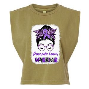 Pancreatic Cancer Awareness Purple Ribbon Messy Bun Leopard Garment-Dyed Women's Muscle Tee