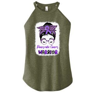 Pancreatic Cancer Awareness Purple Ribbon Messy Bun Leopard Women's Perfect Tri Rocker Tank