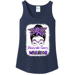 Pancreatic Cancer Awareness Purple Ribbon Messy Bun Leopard Ladies Essential Tank