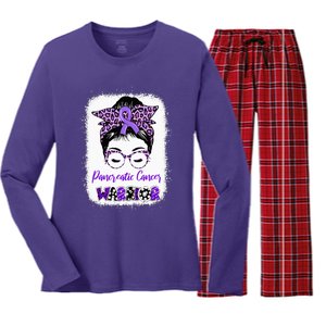 Pancreatic Cancer Awareness Purple Ribbon Messy Bun Leopard Women's Long Sleeve Flannel Pajama Set 