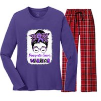 Pancreatic Cancer Awareness Purple Ribbon Messy Bun Leopard Women's Long Sleeve Flannel Pajama Set 