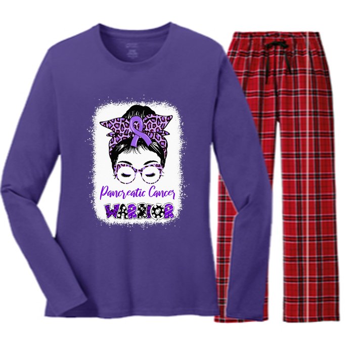 Pancreatic Cancer Awareness Purple Ribbon Messy Bun Leopard Women's Long Sleeve Flannel Pajama Set 