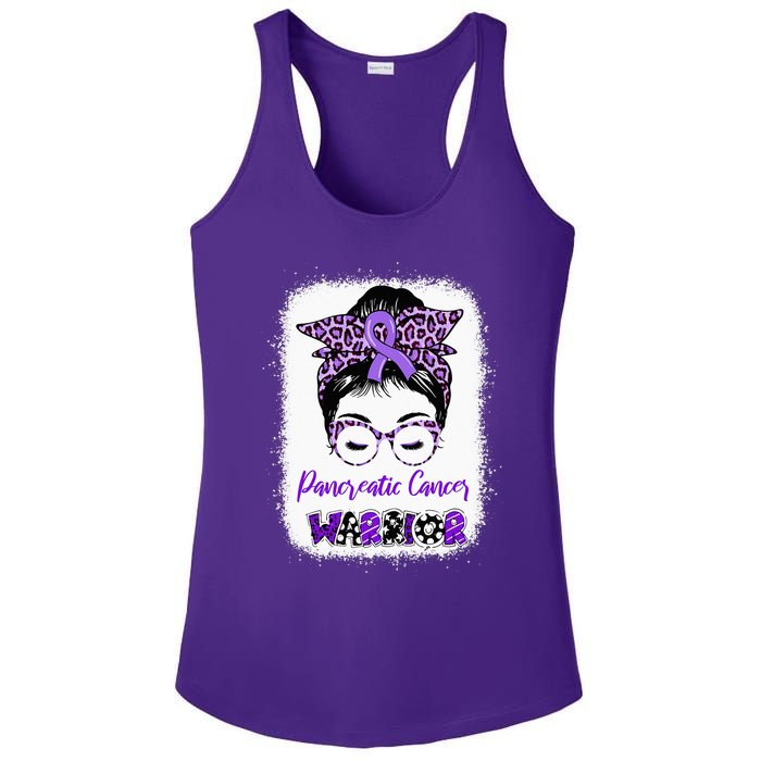 Pancreatic Cancer Awareness Purple Ribbon Messy Bun Leopard Ladies PosiCharge Competitor Racerback Tank