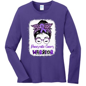 Pancreatic Cancer Awareness Purple Ribbon Messy Bun Leopard Ladies Long Sleeve Shirt