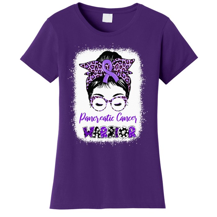 Pancreatic Cancer Awareness Purple Ribbon Messy Bun Leopard Women's T-Shirt