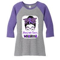 Pancreatic Cancer Awareness Purple Ribbon Messy Bun Leopard Women's Tri-Blend 3/4-Sleeve Raglan Shirt