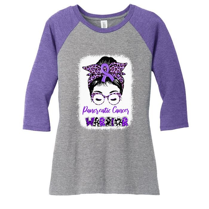 Pancreatic Cancer Awareness Purple Ribbon Messy Bun Leopard Women's Tri-Blend 3/4-Sleeve Raglan Shirt