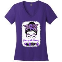 Pancreatic Cancer Awareness Purple Ribbon Messy Bun Leopard Women's V-Neck T-Shirt