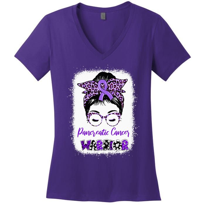 Pancreatic Cancer Awareness Purple Ribbon Messy Bun Leopard Women's V-Neck T-Shirt