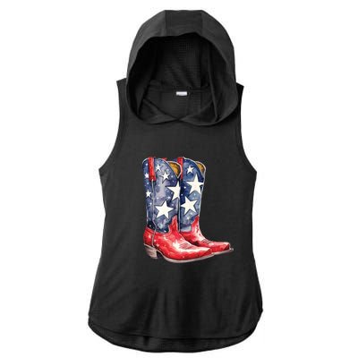 Cowboy Boots USA Flag Western Boot American Cowgirl Ladies PosiCharge Tri-Blend Wicking Draft Hoodie Tank