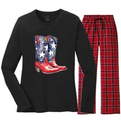 Cowboy Boots USA Flag Western Boot American Cowgirl Women's Long Sleeve Flannel Pajama Set 