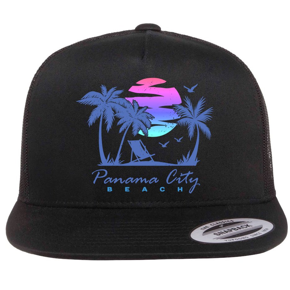 Panama City Beach Florida Vacation Trip Retro Vintage Sunset Gift Flat Bill Trucker Hat