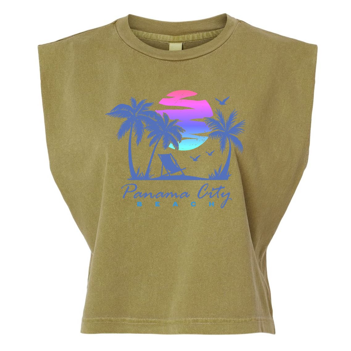 Panama City Beach Florida Vacation Trip Retro Vintage Sunset Gift Garment-Dyed Women's Muscle Tee