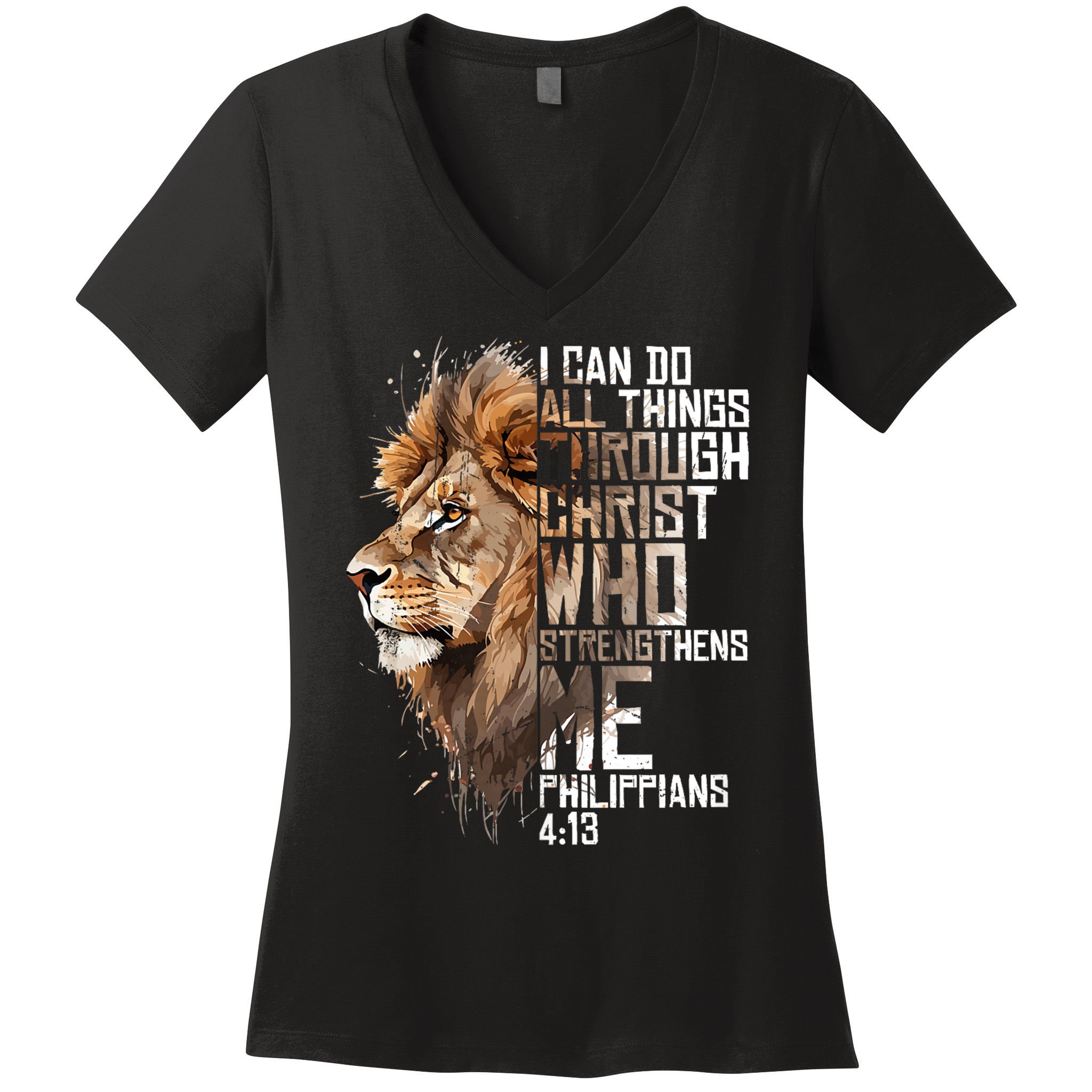 Philippians Christian Bible Verse Funny Lion Graphic Novelty Women's V-Neck T-Shirt