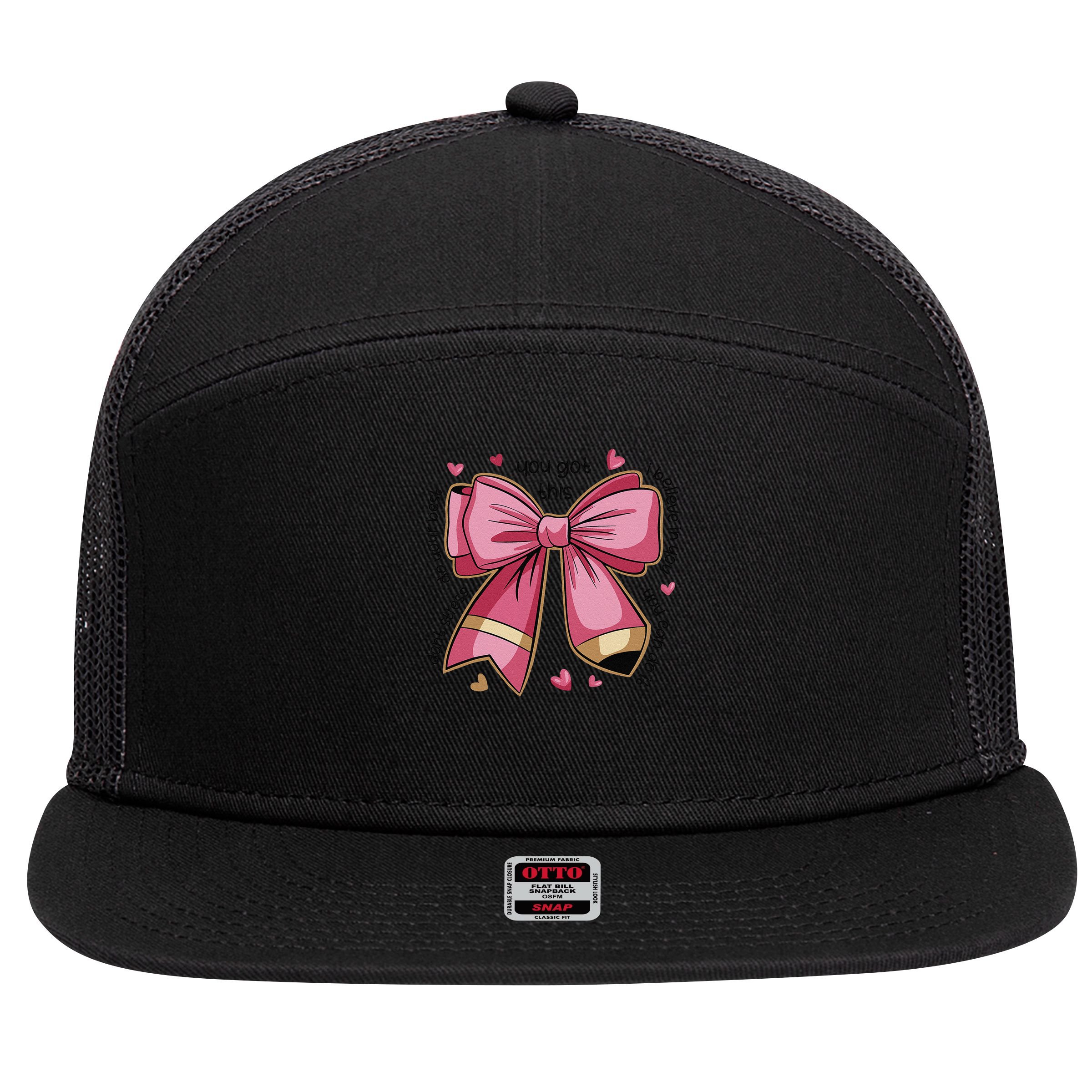 Pencil Coquette Bow Test Day Teacher Motivational Testing 7 Panel Mesh Trucker Snapback Hat